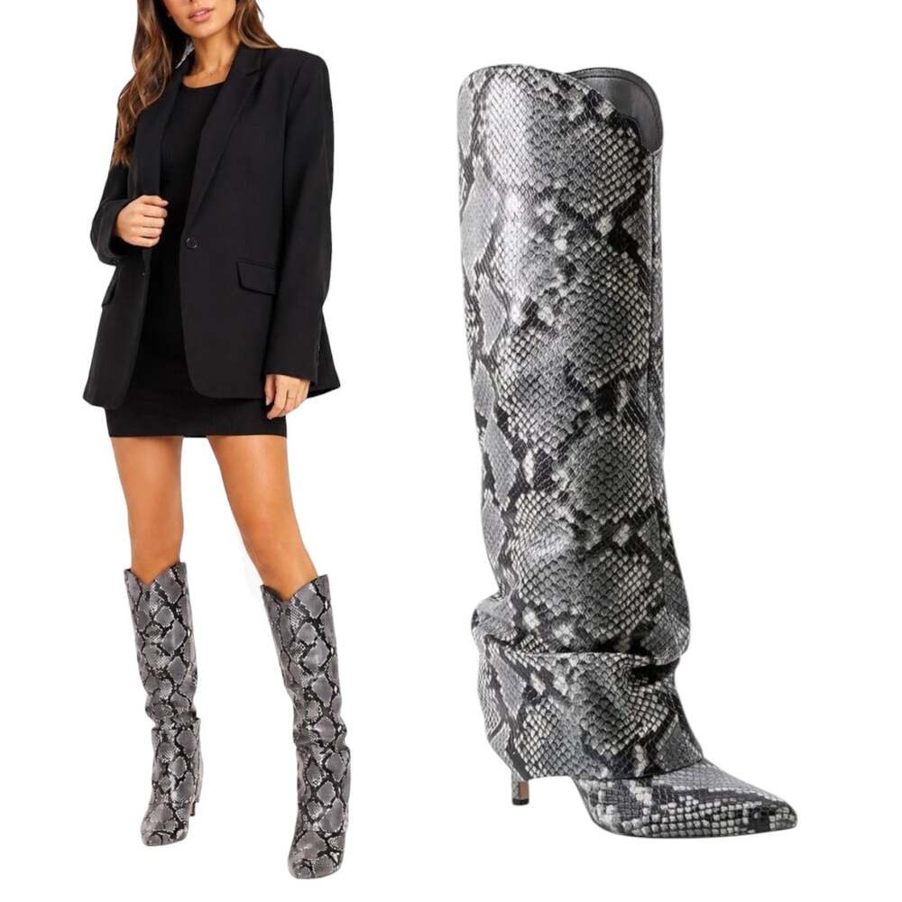 Marc Fisher Lalita Foldover Dress Leather Knee High Boots Gray Size 11